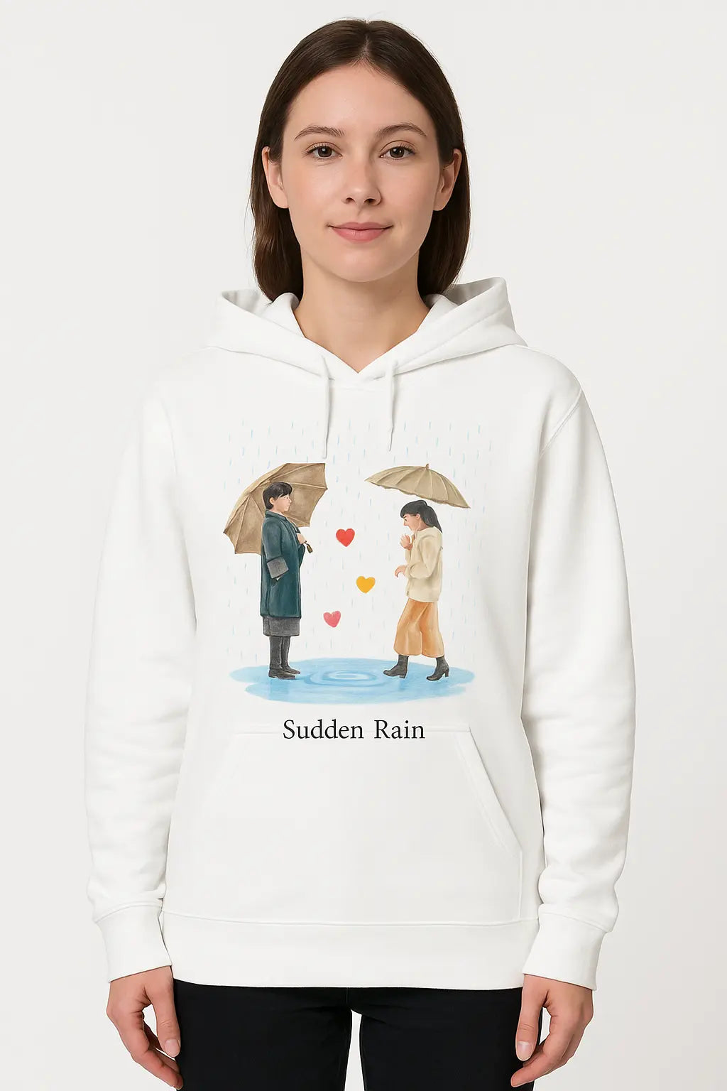 White hoodie with 'Sudden Rain' graphic design featuring two people under an umbrella and hearts.
