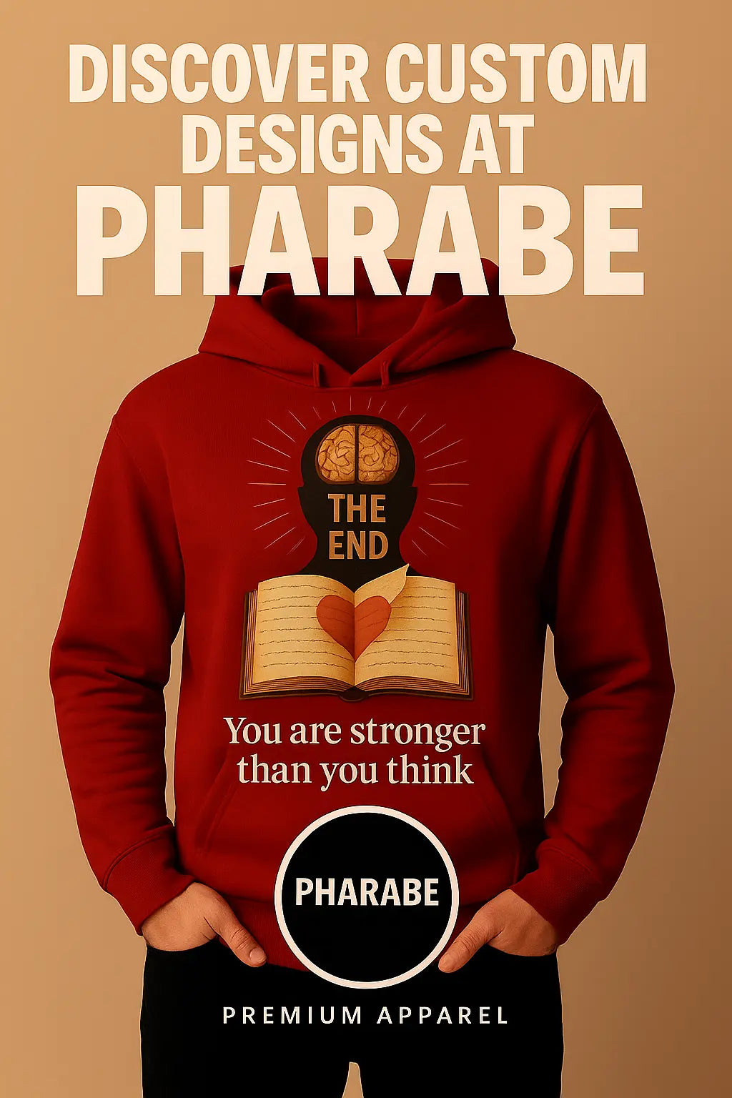 Red hoodie with a design and text on a brown background, featuring the brand 'Pharabe'.