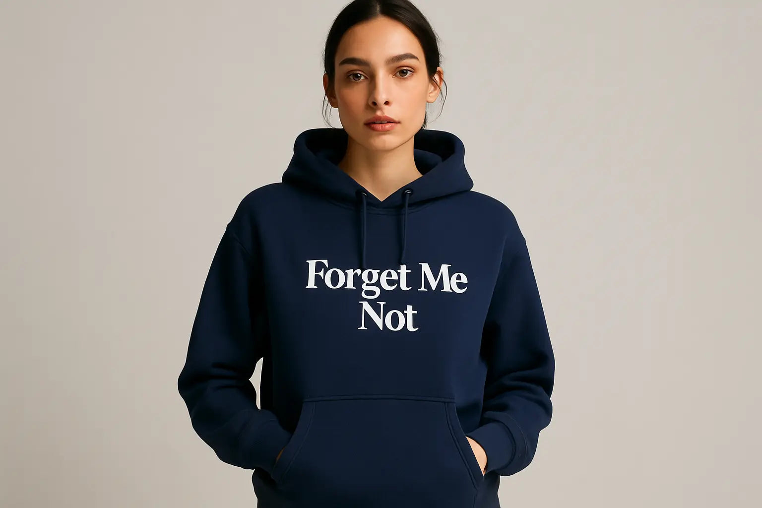 Make a Model with Navy Color Hoodie and Write a Logo on it " Forget Me Not"