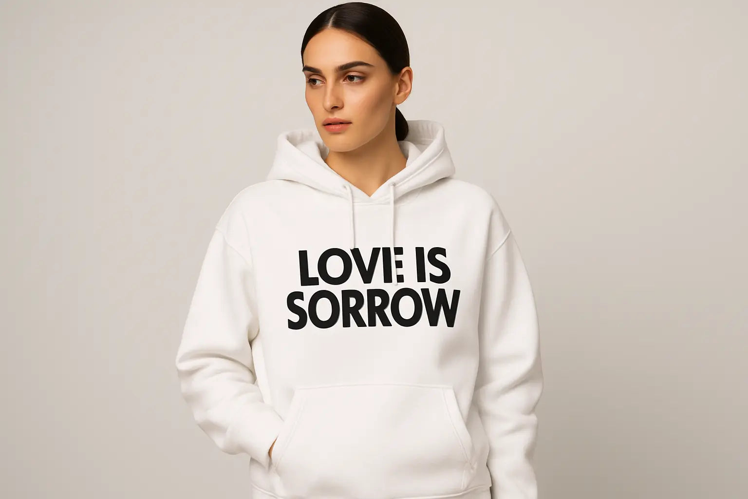 Make a Model with White Hoodie and Print a Logo on it " LOVE IS SORROW"  