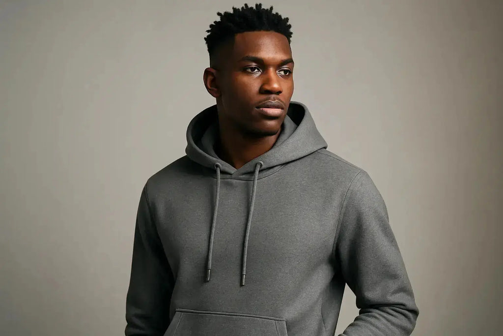 Please Make a Dark Men model with gram elance color hoodie