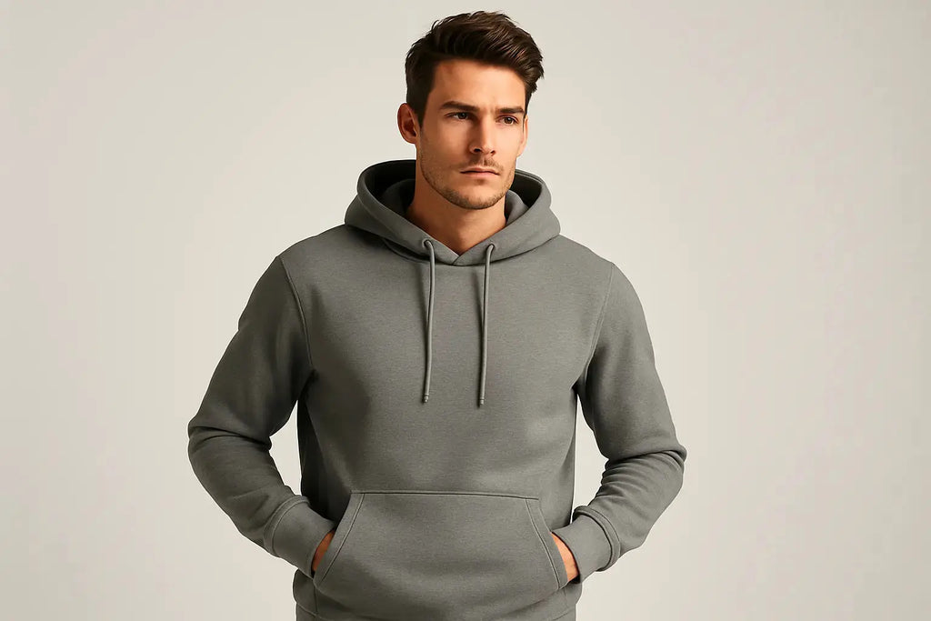 Please Make a Male model with stone color hoodie