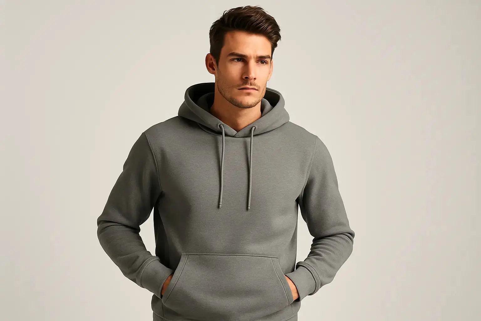 Please Make a Male model with stone color hoodie