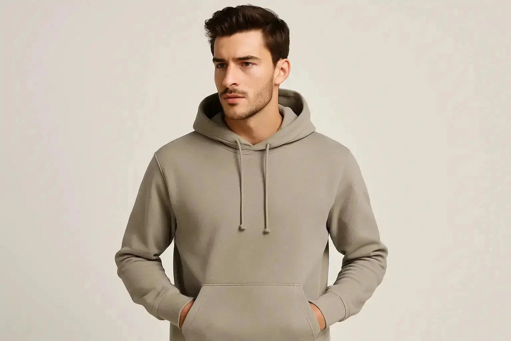 Please Make a Male model with stone color hoodie