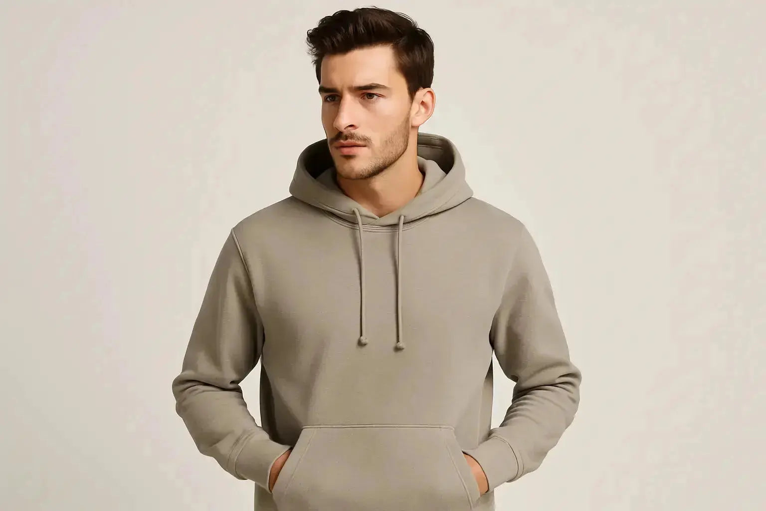 Please Make a Male model with stone color hoodie