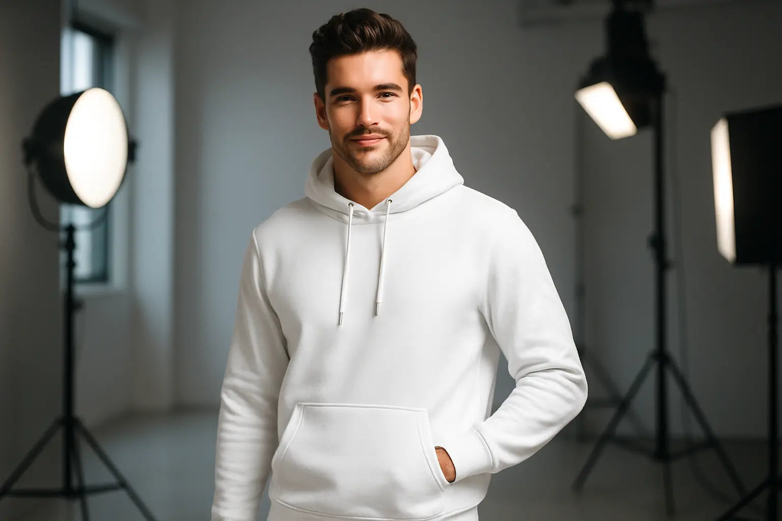 Please Make a Male Model with white Hoodie