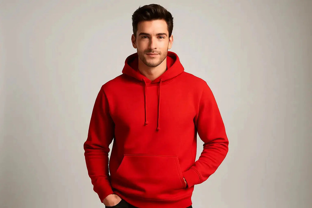 Please Make a men model with red color hoodie