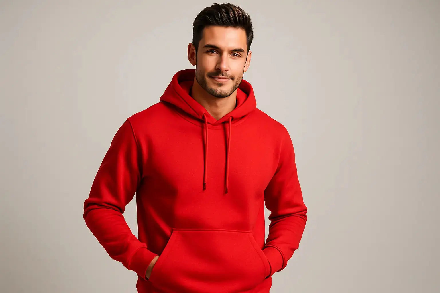 Please Make a men model with red color hoodie